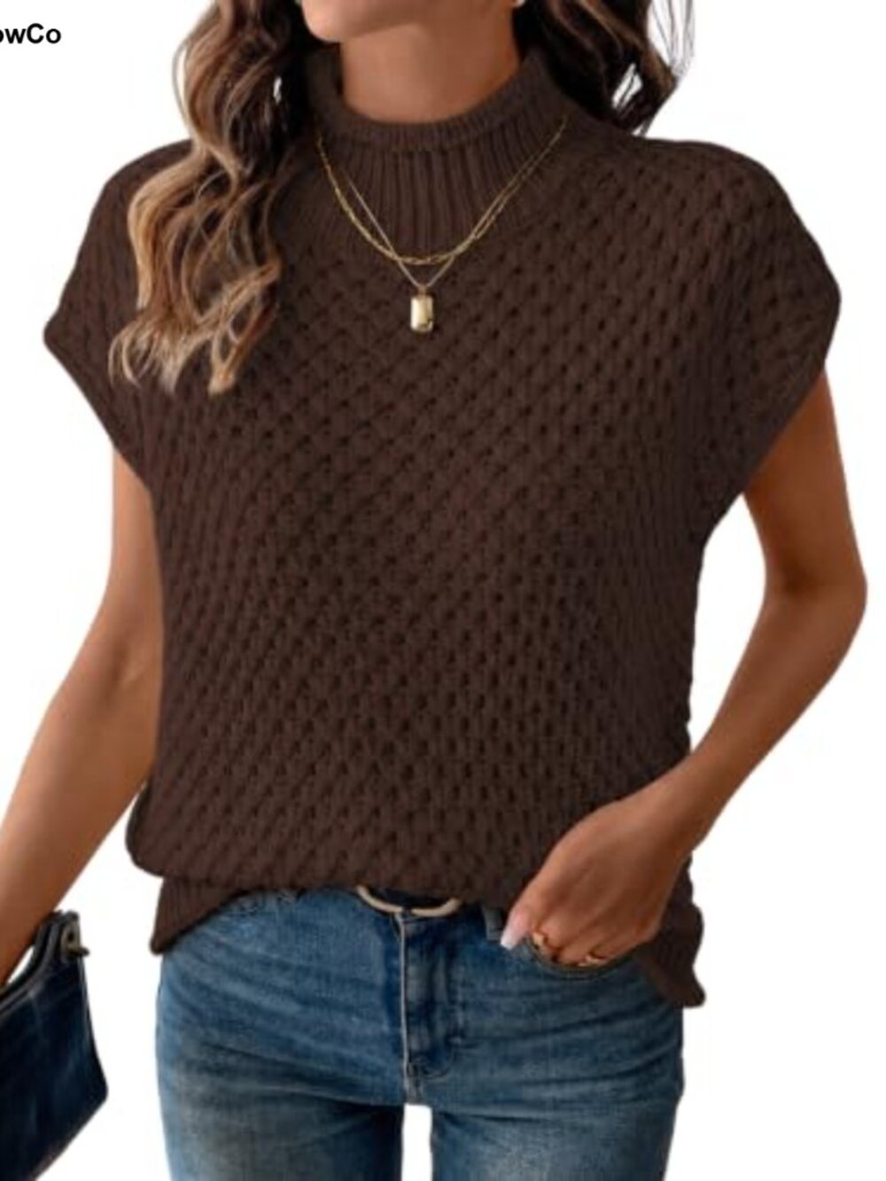 Mock Neck Sleeveless Sweater Vest Cable Knit Top